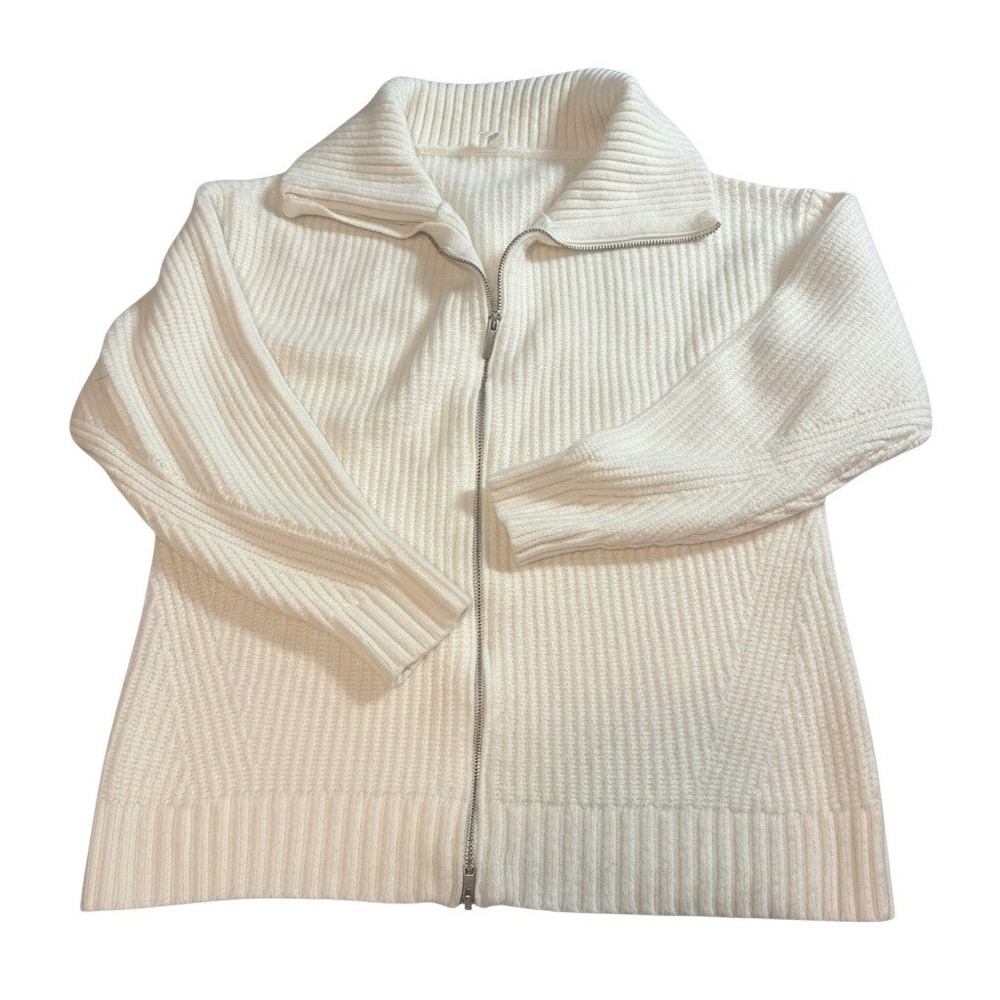 Zella Cozy Knit Zip up Cardigan M Ivory Ribbed 2 WAY Zip Funnel Neck Sweater